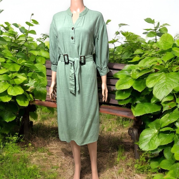 Lulu’s Gwendolen Sage Green Belted Midi Shift Dress - Picture 6 of 16